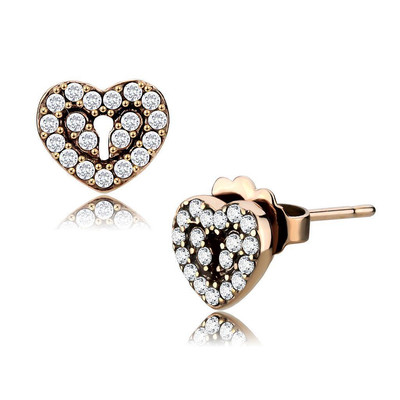 Dainty Rose Gold IP Plated Heart & Key Lock Post Earrings
