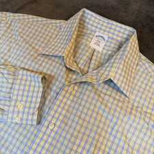 Brooks Brothers 346 Button Up Shirt Mens 17 6/7 Blue Yellow Slim Fit Non Iron