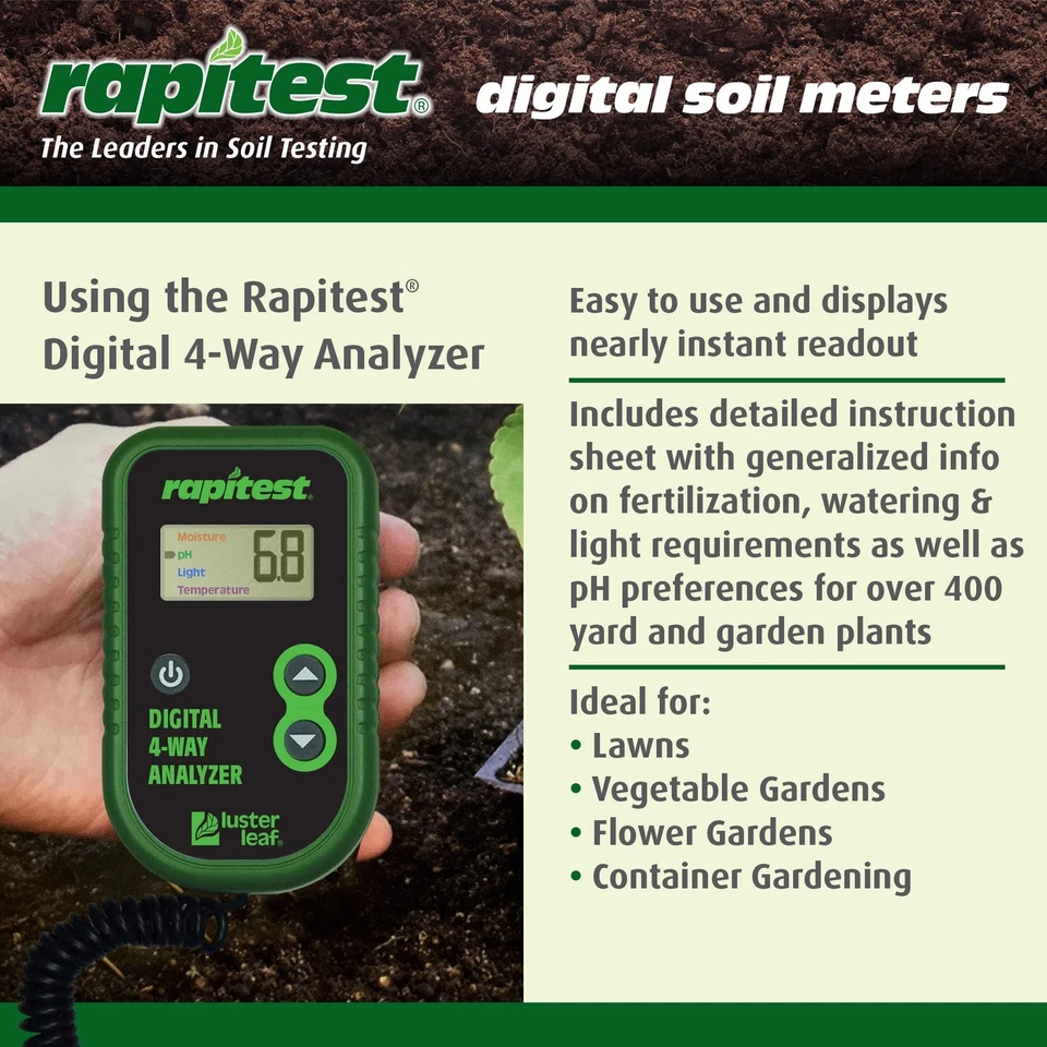Rapitest 4-полосный цифровой анализатор почвы pH влажность свет тестер температуры - Изображение 3 из 4
