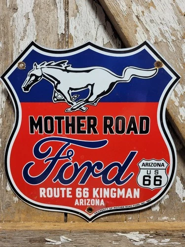 VINTAGE FORD PORCELAIN SIGN OLD MUSTANG ROUTE 66 MOTHER ROAD 1967 ARIZONA SHIELD