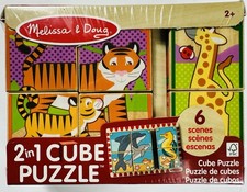 Melissa  Doug 2 in 1 Cube Wood Block Puzzle Animals 6 Scenes Preschool Toy New