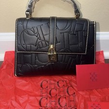 Carolina Herrera Logo Embossed Black Top Handle Bag with Gold Lock