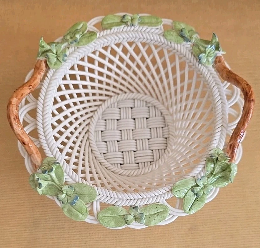 Antique Belleek Irish Porcelain Intricate Basket Weave w/ Shamrocks - Image 3 of 4