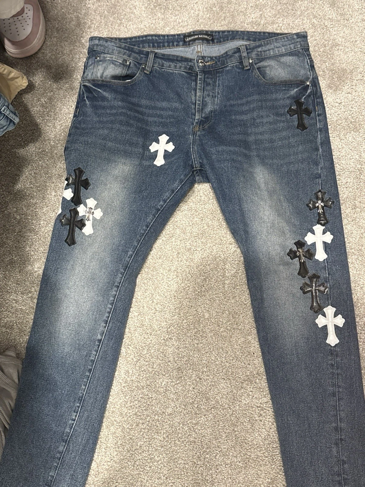 Chrome Hearts Jeans Black & White Leather Silver Hardware Size 36 Men Authentic