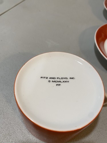 Vintage Fitz & Floyd Terra Cotta Orange Flat Cup & Saucer Set Of 6 vivid color! - Picture 3 of 9