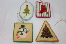 Vintage Handmade Stitched Finished Needlepoint Christmas Xmas Ornaments Set of 4