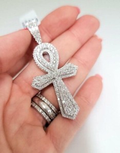 Authentic 3 Ct Round Natural Moissanite Ankh Cross Men's Pendant 14K White Gold Plated