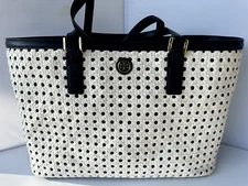 New Tory Burch Bag Robinson Basket Weave Tote Shoulder Handbag White Leather