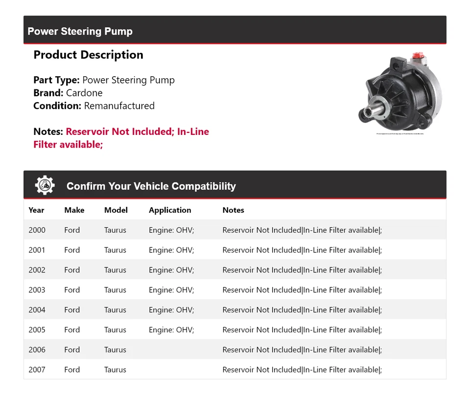 Bomba de dirección asistida Cardone para Ford Taurus 2000-2007 2001 2002 2003 2004 2005 Foto 2 de 4