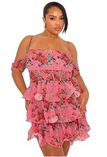 PrettyLittleThing Plus Pink Floral Ruffle Corset Mini Dress US 18 Off-Shoulder