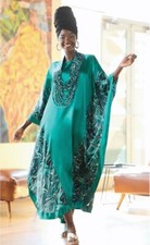 OSFM Ashro Amahle Ethnic Satin Elegance Caftan W/ Rope Necklace Green Multi Set
