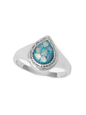 Ancient Roman Glass Ring Pear-shape Rope Edge Sterling Silver Hammered ...