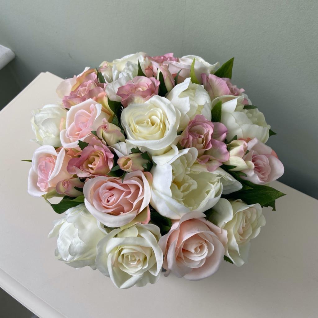 Large Artificial Silk Flower Hat Box Arrangement Vintage Pink Roses