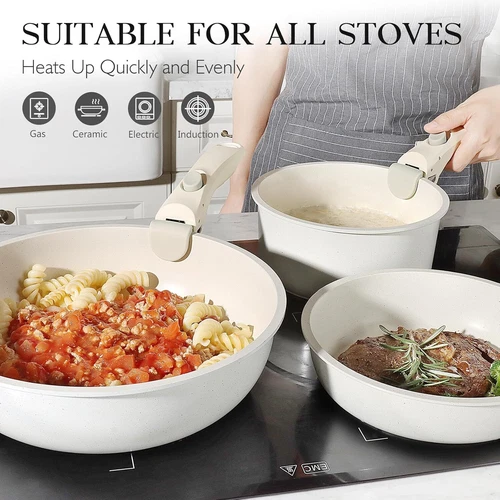 Nonstick Cookware Set, Removable Handles, Oven Safe Nonstick, Granite Coating