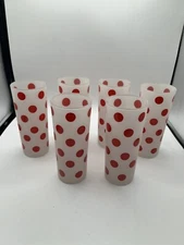 Vintage Set Of 6 Anchor Hocking Iced Tea Red Polka Dot Frosted Glass Tumbler MCM