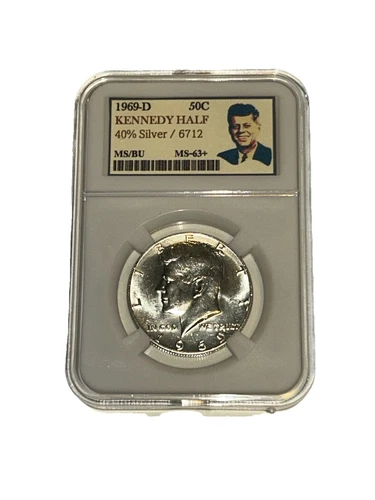 1969-D / KENNEDY HALF - JFK 50C [KEEPSAKE SLAB] (40% SILVER) BU/MS+ UNCIRCULATED