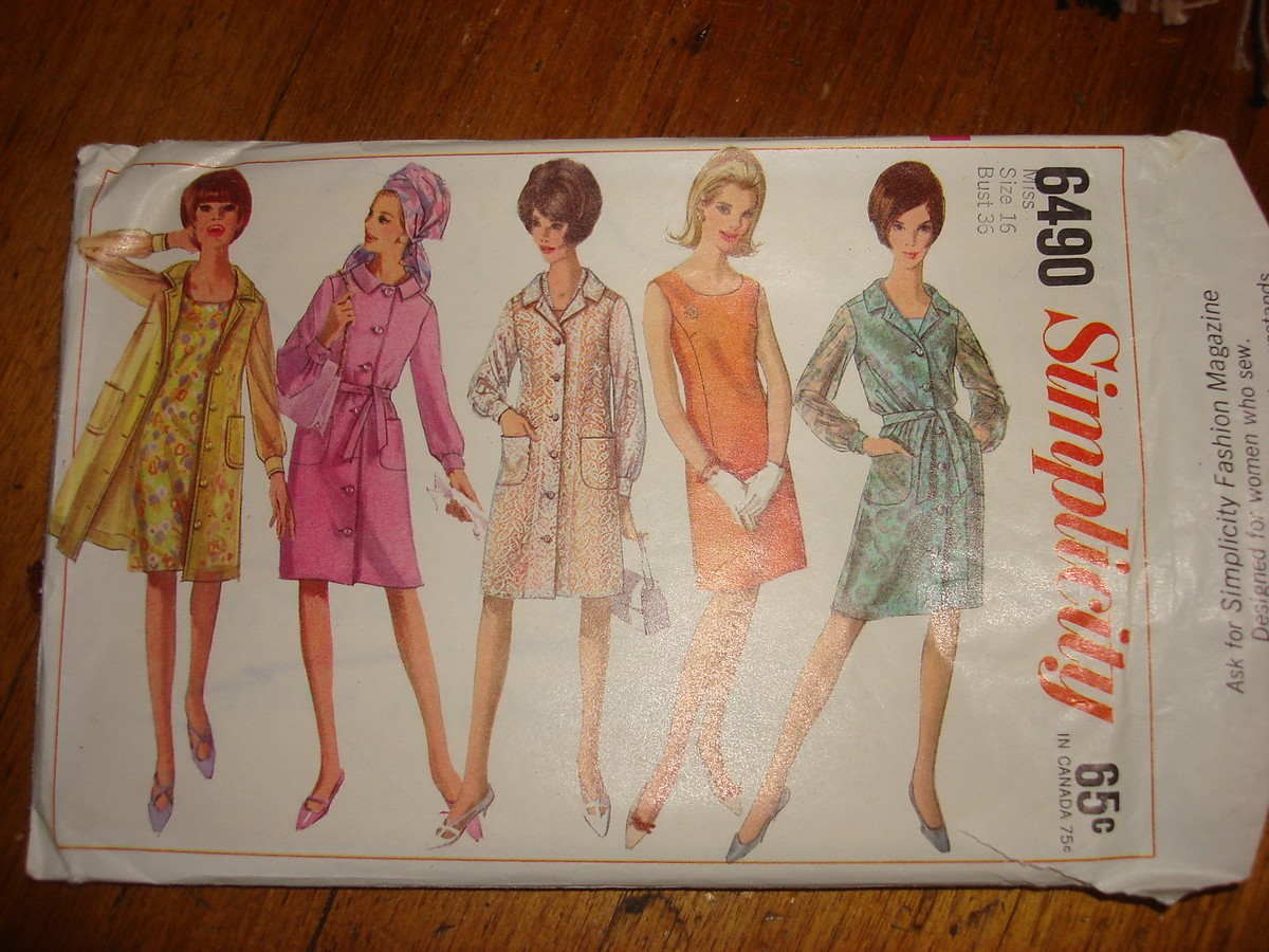 Mick4ページ♡ 1966 SIMPLICITY PATTERN #6490 Misses' 1-Pc Dress & Coat Dress Sz16