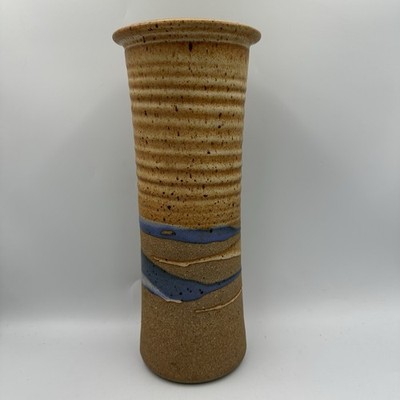 Vintage Studio Pottery Stoneware Vase Ribbed Blue Brown Handmade Ceramic 12 