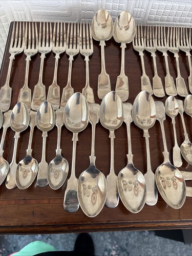 Antique Set Of Durescent Silver Nickel Silver Fiddleback Cutlery - 34pc - Bild 5 von 9