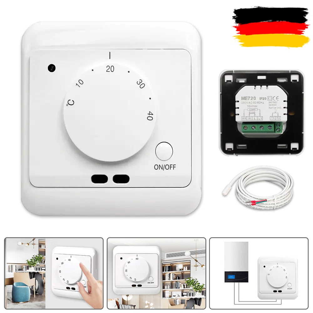 Raumthermostat Taconova Analog 230 V - Für Fußbodenheizung, Wandmontage, Weiß