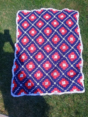 Handmade Red White And Blue Afghan Chunky Crochet Throw Blanket