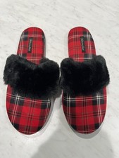 Victoria's Secret NWOT Large Satin Plaid Faux Fur Cozy Slides Slippers Ladies LG