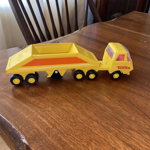 Vintage Mini Tonka Bottom Dump Yellow Semi & Trailer Truck #55010 Pressed Steel