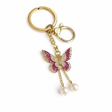 Purple Butterfly Gold Tone Keychain Purse Charm Rhinestone  Metal Clip 3.75  
