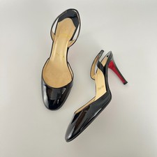 Louboutin  Auth Black Patent Leather Round Toe Slingback Stiletto Heels 35.5 