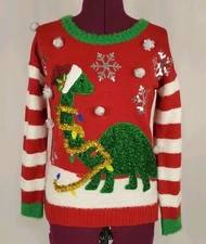 33 Degrees Dinosaur Christmas Sweater Women's XS Sequin Tinsel Pom Poms Pullover