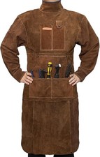 Leather Welding Apron with Sleeve 6 Pockets Heat Flame Resistant Cowhide Brown