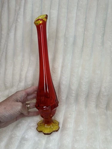 Vintage Fenton Hand Blown Art Glass Vase Red Yellow Decorative Glossy 10 inches