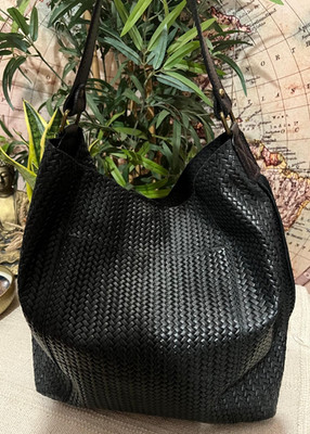 Shopping Bag Tasche Shopper Tasche Echtleder Flechtdruck Schwarz