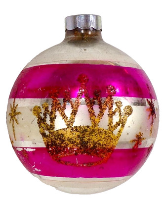 Shiny Brite Ornament Silver Ball Gold Glitter Crown Pink Stripes Vintage #193