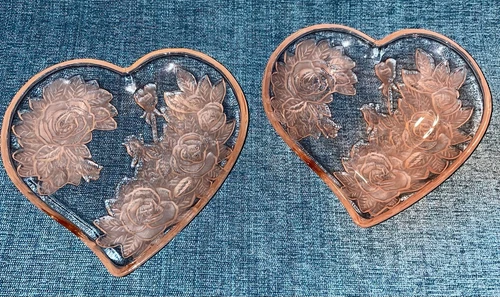 Set of 2 Depression Glass Pink Heart Embossed Rose Design Jewelry, Trinket Dish