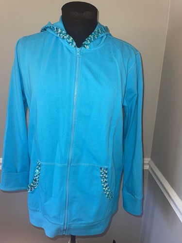 Quacker Factory Aqua Sequins Hooded Zip Up Sweatshirt Womens S NWT
