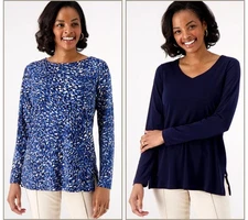 Susan Graver Modern Essentials Regular Liquid Knit Tunic Top Set Indigo/Navy XL