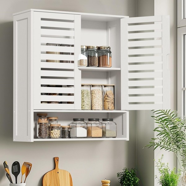 HäNgeschrank KüChenschrank Badschrank Wandschrank Bambus 2 TüR Badezimmerschrank-image
