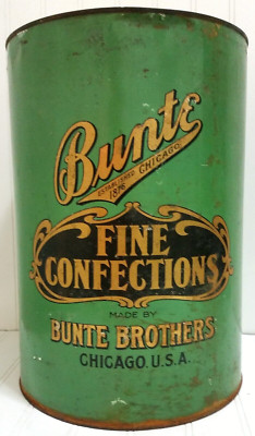 BUNTE BROTHERS Candy Large Tin Can Chicago Vtg 30 Lbs PHOTO Litho Green Antique