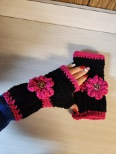 HANDMADE CROCHETED BLACK PINK FINGERLESS GLOVES READY TO SHIP