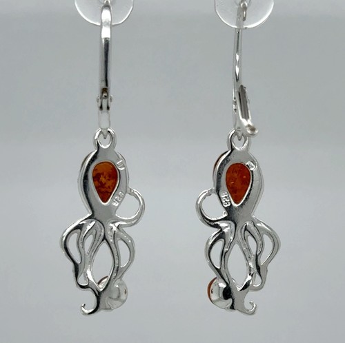 Cognac Brown BALTIC AMBER Octopus Leverback Earrings 925 STERLING SILVER #5783e - Picture 6 of 9