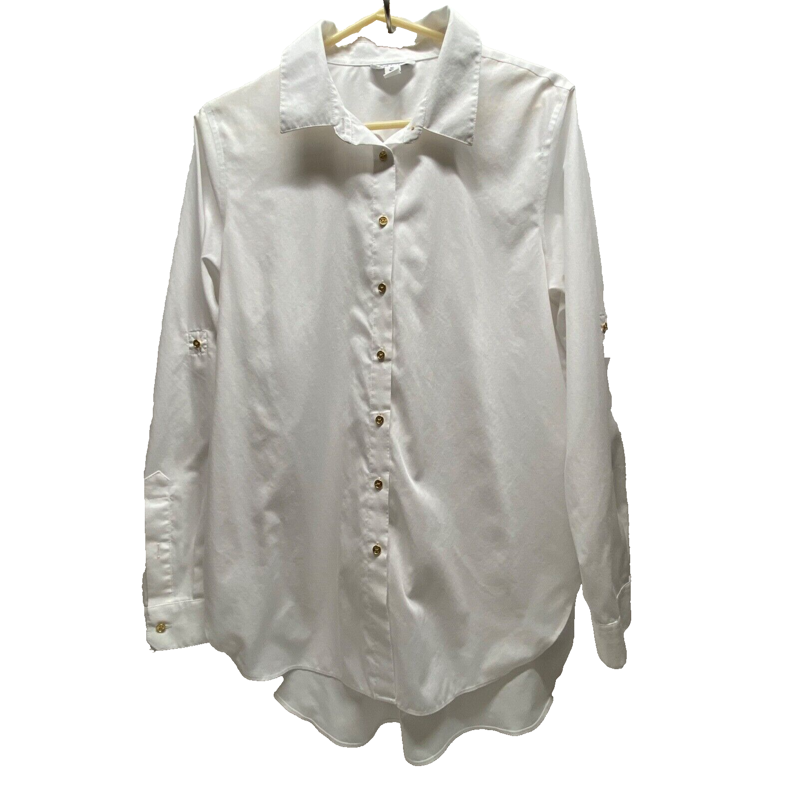 Calvin Klein Women's Medium White Button Up Blouse Drop Tail Hem Roll Tab Sleeve
