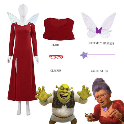 Shrek Fairy Godmother Costume Cosplay Dress Wings Womens Red Dress Outfits  Party