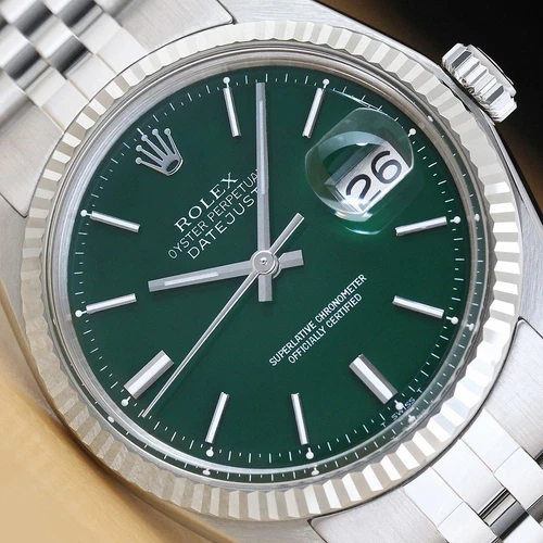 ROLEX MENS DATEJUST 1601 GREEN DIAL 18K WHITE GOLD STEEL WATCH w/ JUBILEE BAND