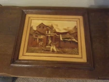 Vintage Collectible Mexican Folk Art Wood Marquetry Picture 12 1/8" by 10 1/8"