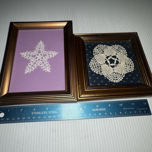 Pair of Finished Needlework in Frames Star And Snow Flake Vintage
