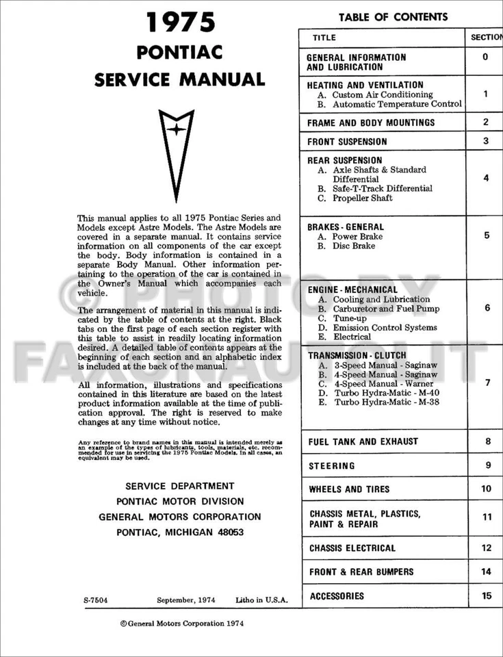 1975 Pontiac Originale Negozio Manuale Trans Am Firebird Bonneville Grande Am - Immagine 2 di 2