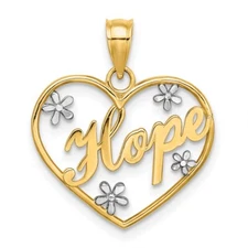 14k Yellow Gold w Rhodium Hope In Heart Flowers Charm Pendant Gift for Her
