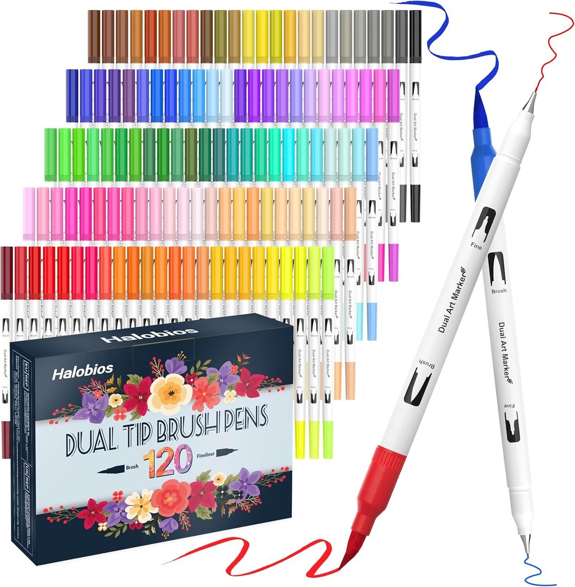 Halobios 120 Dual Tip Colouring Pens, Felt Brush Tip Pens Brush