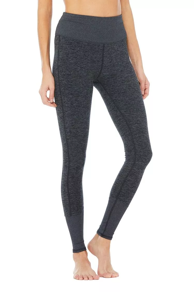 Alo High Waist Ribbed Lounge Leggings - Dark Heather Grey - Small